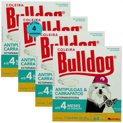 COLEIRA ANTIPULGAS E CARRAPATOS BULLDOG 4 COM 64CM E 25G PARA CÃES E GATOS COVELI KIT COM 4 COLEIRA ANTIPULGAS E CARRAPATOS BULLDOG 4 COM 64CM E 25G PARA CÃES E GATOS COVELI KIT COM 4